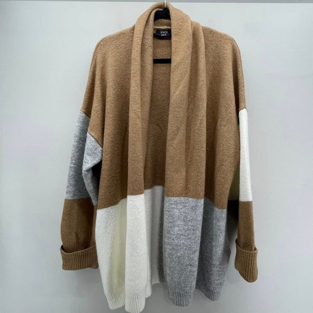 VICI Colorblock Cardigan Sweater Womens Medium‎ Oversized Tan Cream Gray Open
